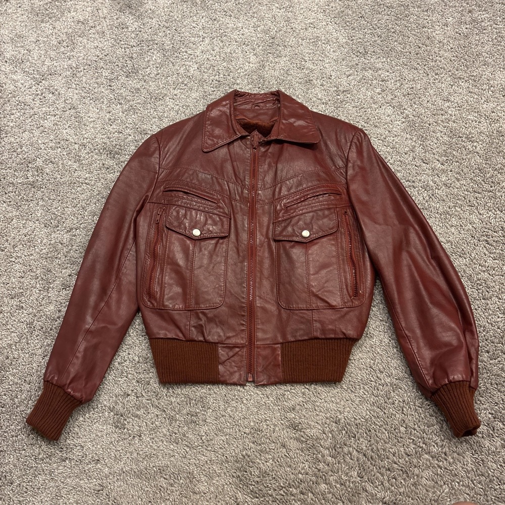 Berman's VTG Members Only Style Leather Burgundy Lined Bomber Jacket Sz 14 80s